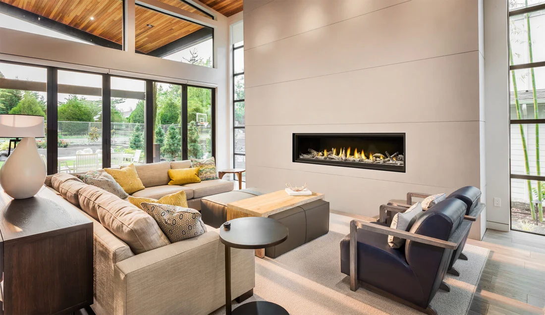 Napoleon Vector 74 linear direct vent gas fireplace installed in a modern living room